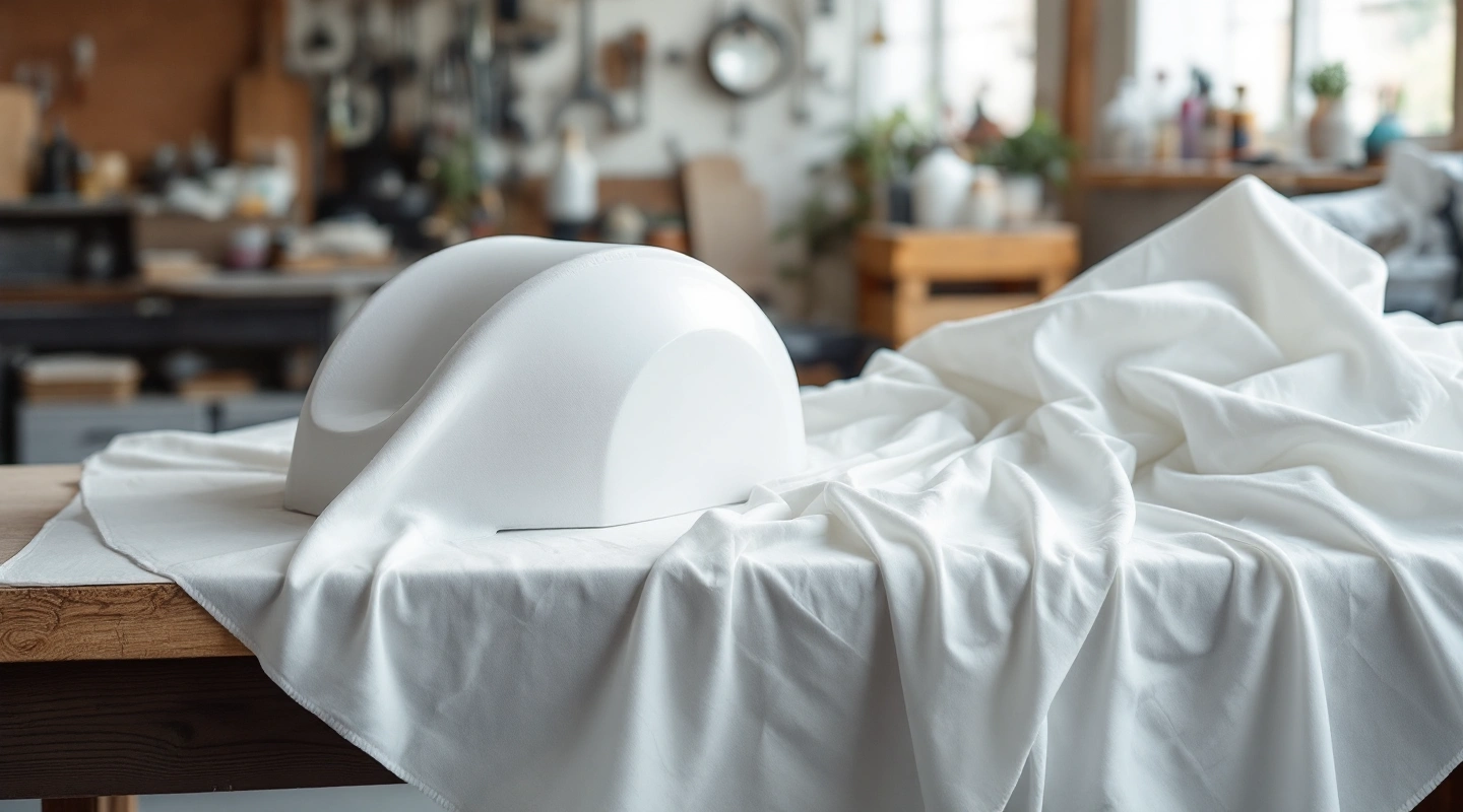 Unlabeled fiberglass cloth and a plain curved mold on a workshop bench