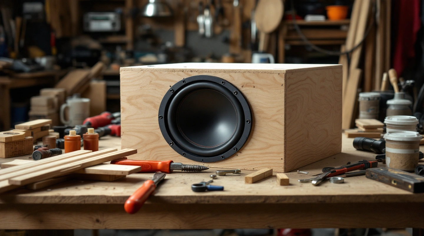 Generic wooden enclosure and loose tools on a workbench