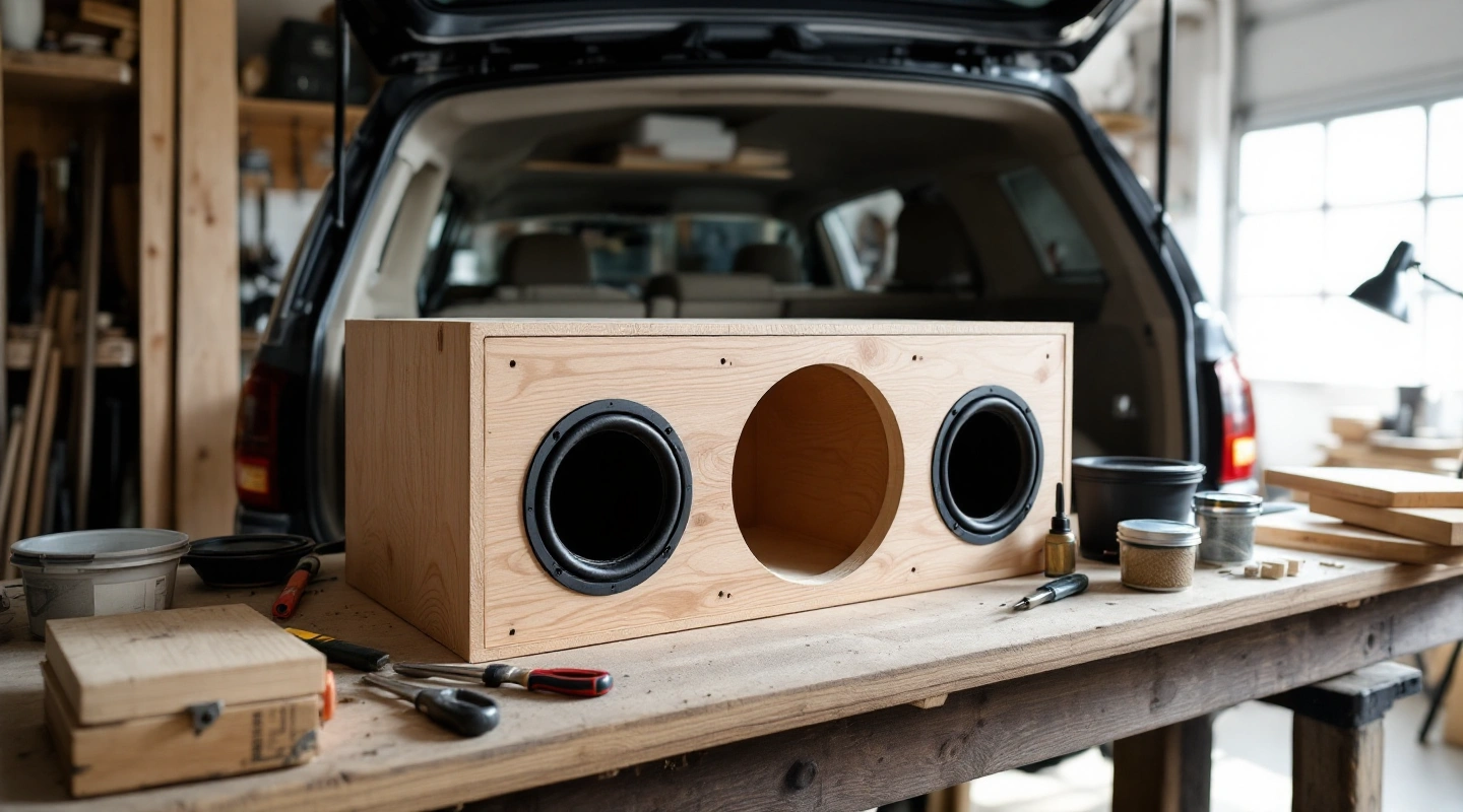 Unfinished enclosure with circular openings on a bench beside a vehicle