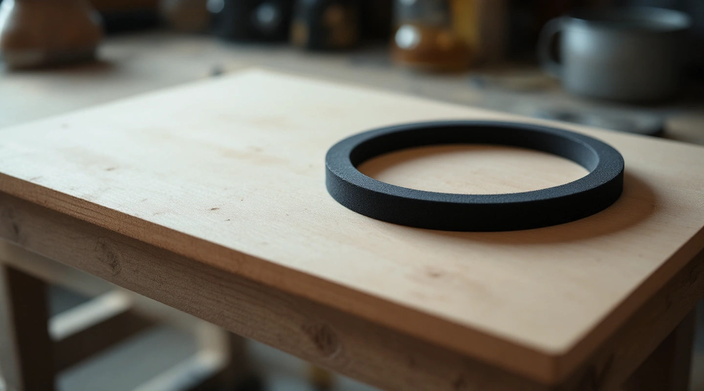Plain black foam gasket ring lying on an unmarked wooden offcut
