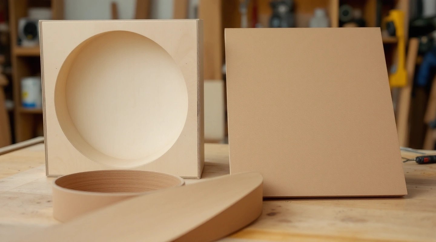 Loose curved wooden strip beside two plain plywood offcuts