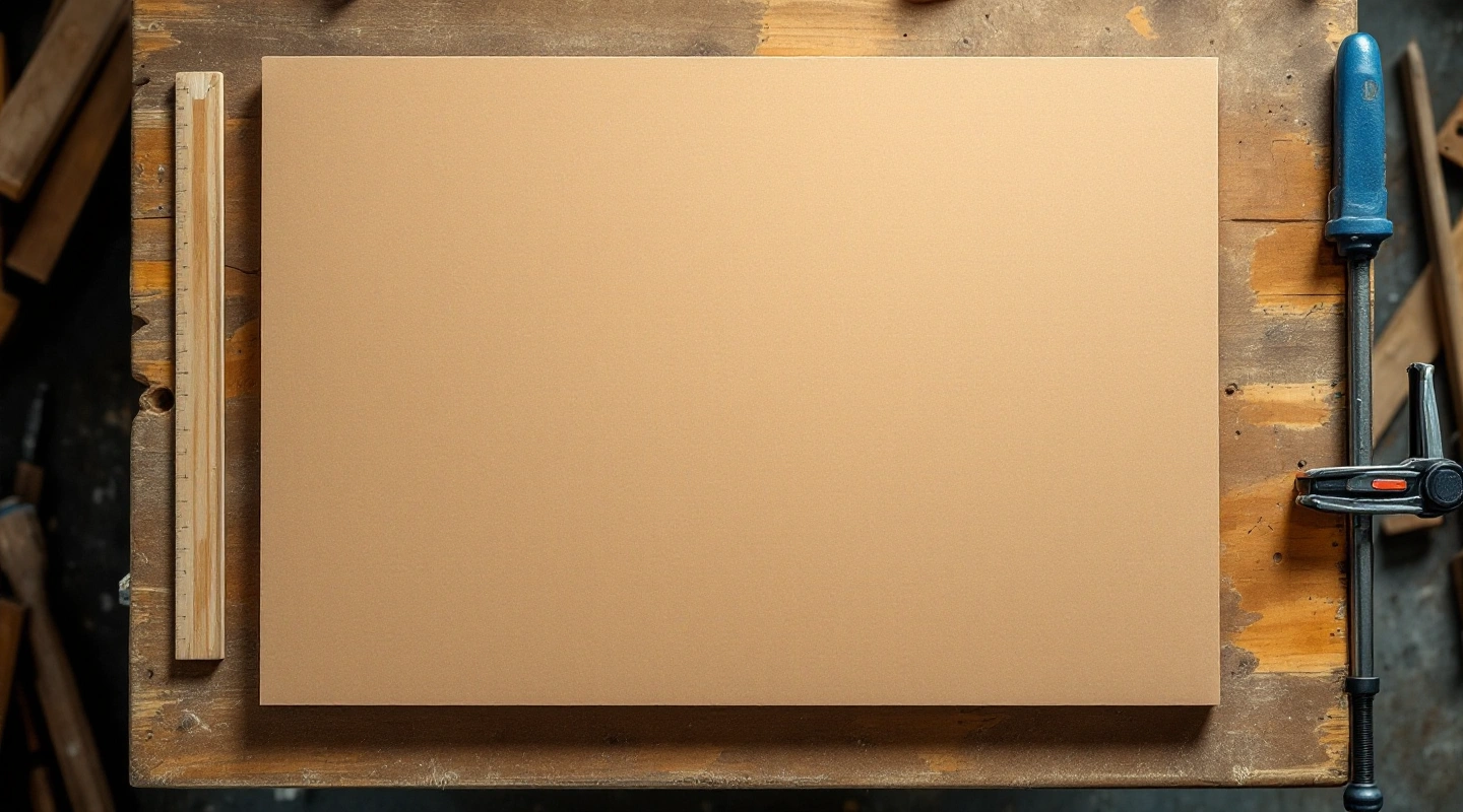 Plain brown panel face lying on a wooden workbench beside a clamp