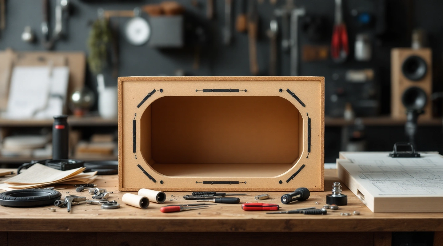 Unfinished wooden enclosure with an open front on a workshop bench