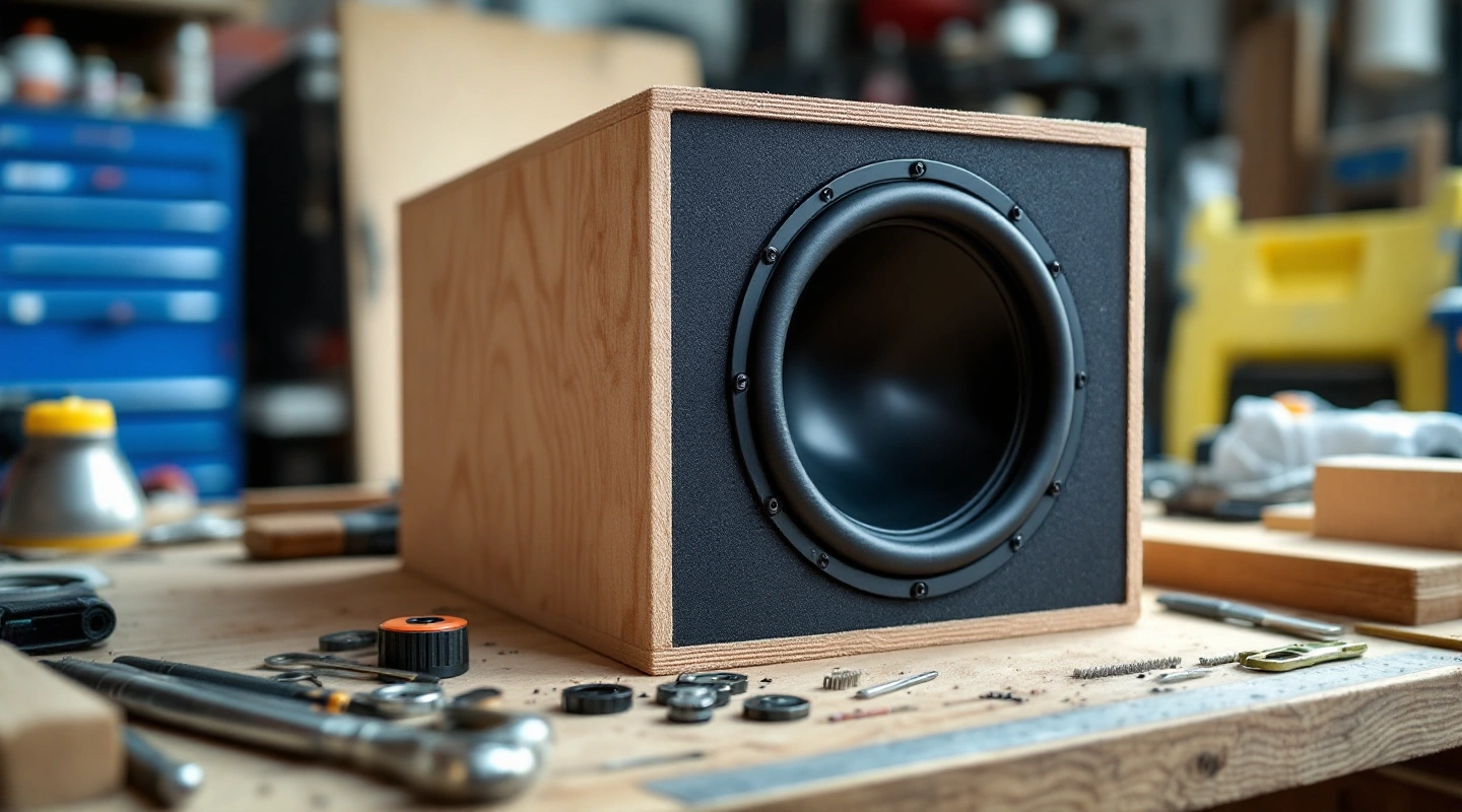 Unbranded wooden enclosure with a dark circular front on a workshop bench