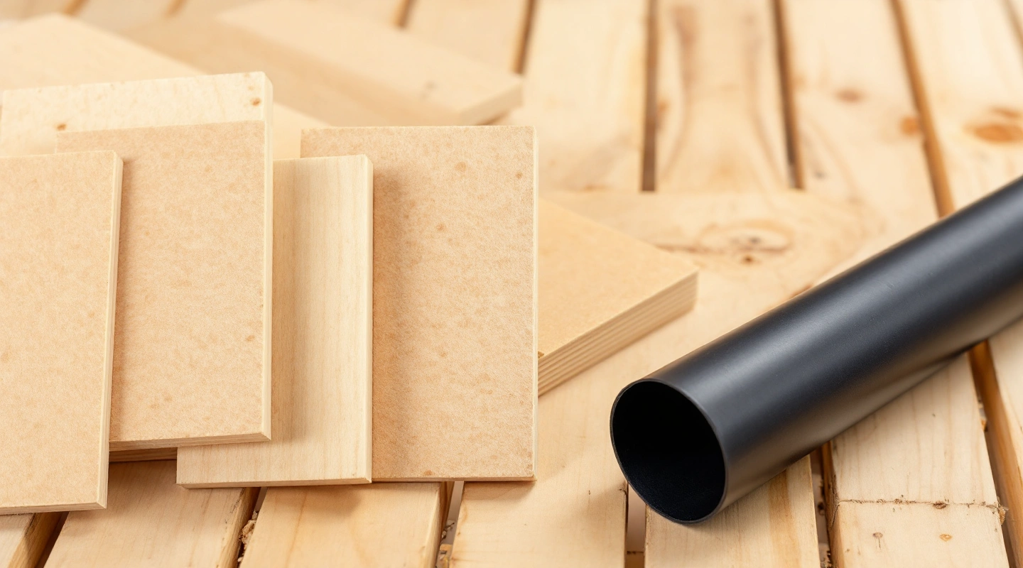 Loose plywood offcuts beside a short unmarked black tube