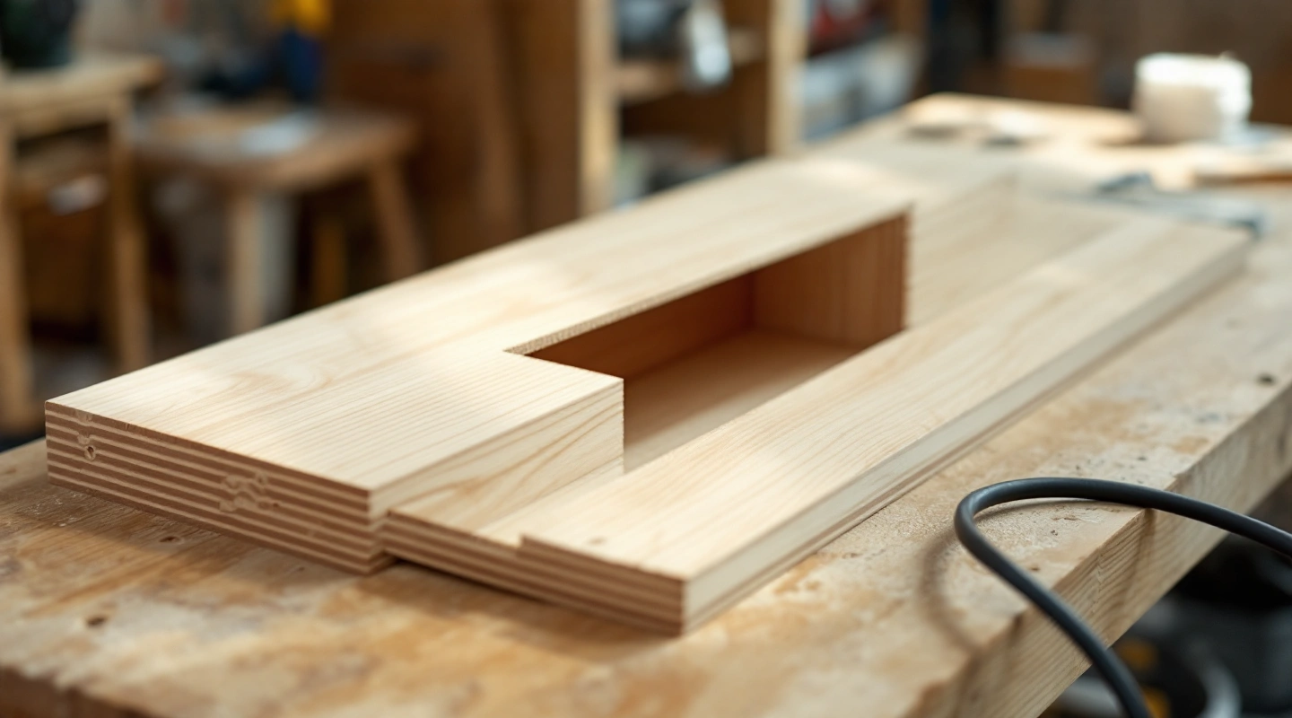 Plywood offcut with a rectangular opening beside a loose black tube