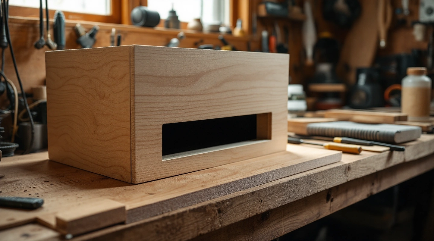 Unfinished wooden enclosure with a horizontal slot opening