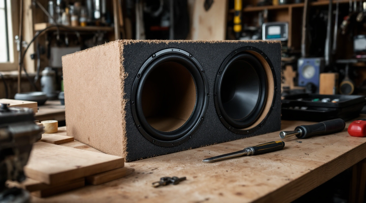 Generic dark-front enclosure with round openings on a workbench