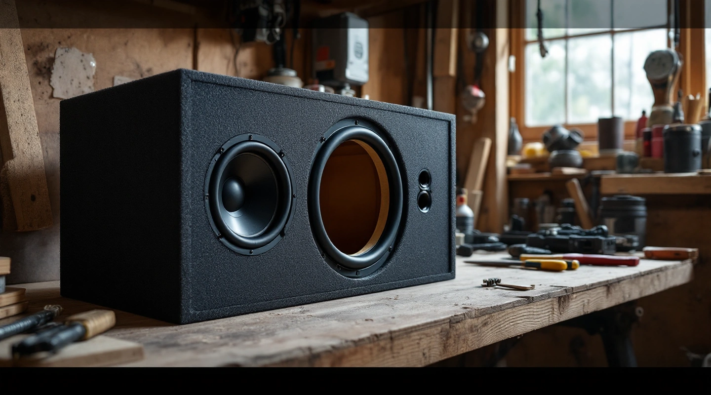 Generic dark-front enclosure with two circular openings on a workbench