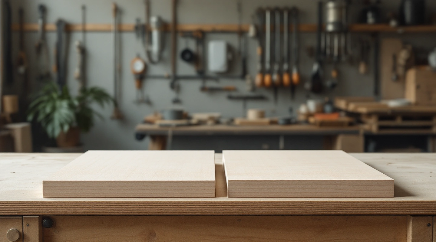 Two plain wooden panels lying flat on an unmarked workbench