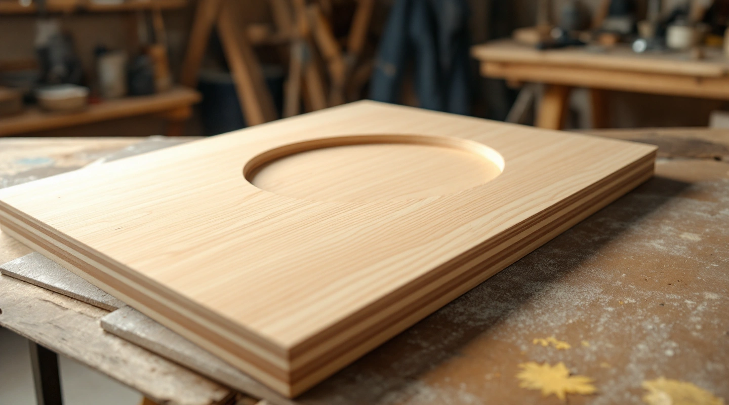 Loose plywood panel with a circular opening on a workshop bench