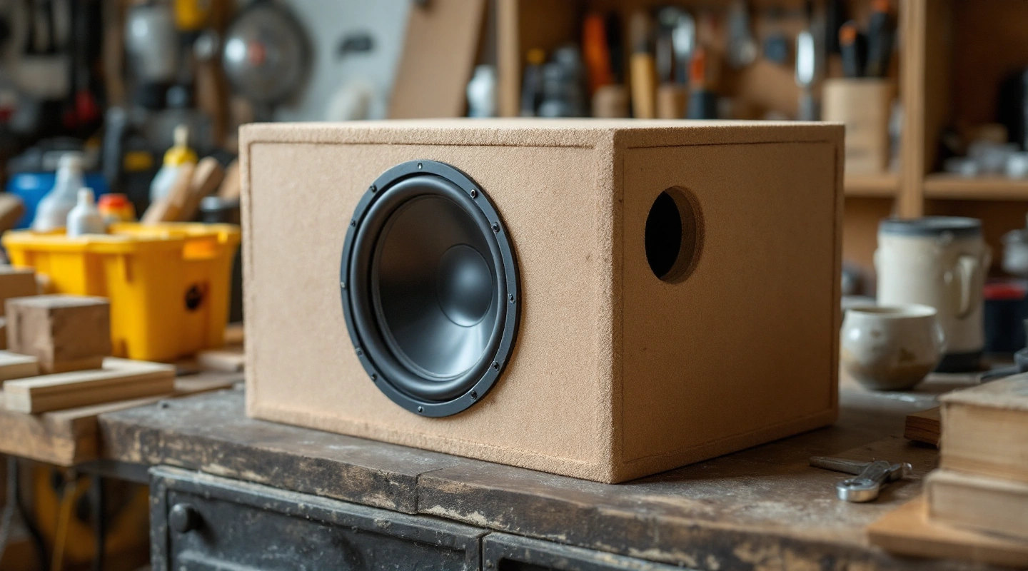 Unbranded wooden enclosure with a driver and separate circular opening