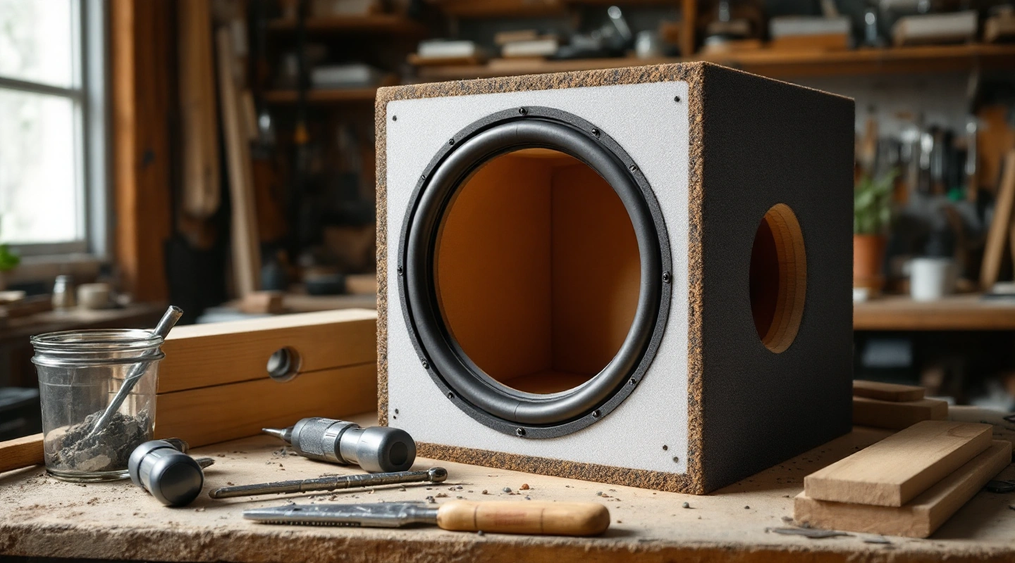 Generic unfinished enclosure with a round opening on a workbench
